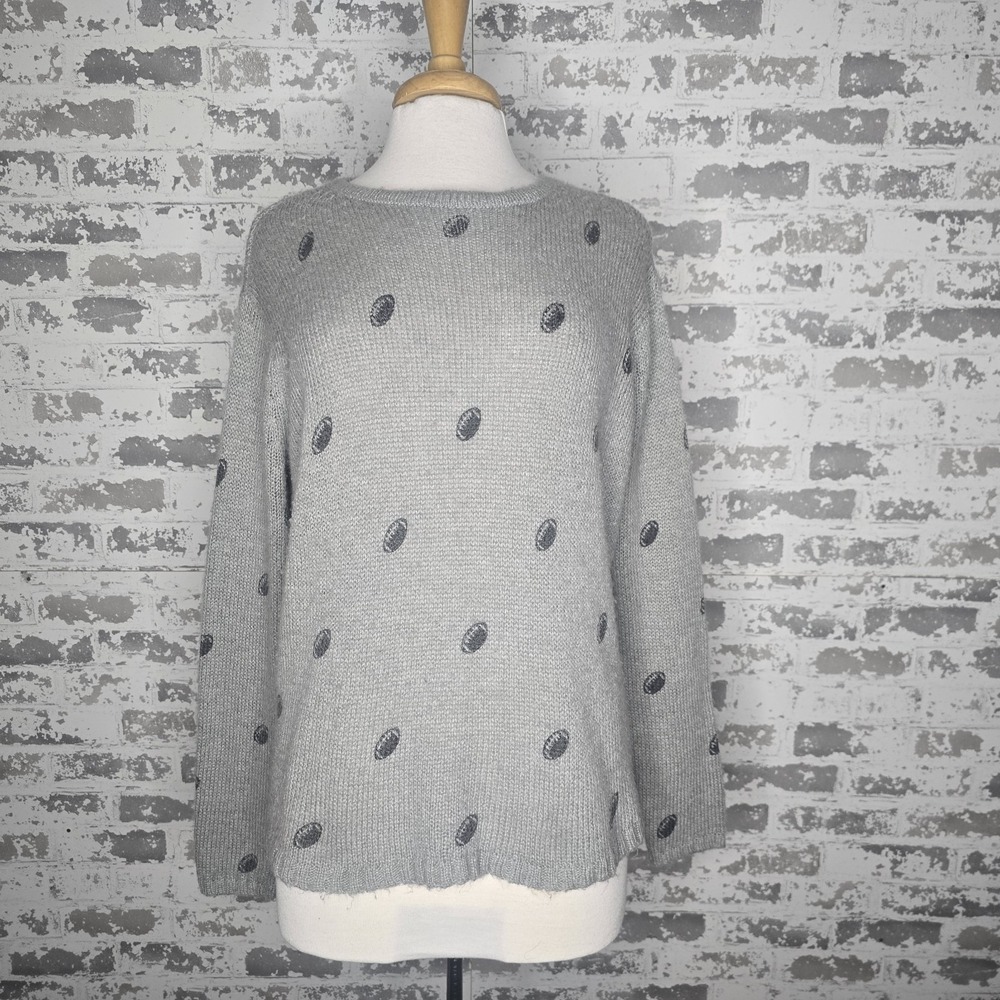 Wooden Ships Sweater Womens S/M‎ Gray Crewneck Oversized Football All Over Print